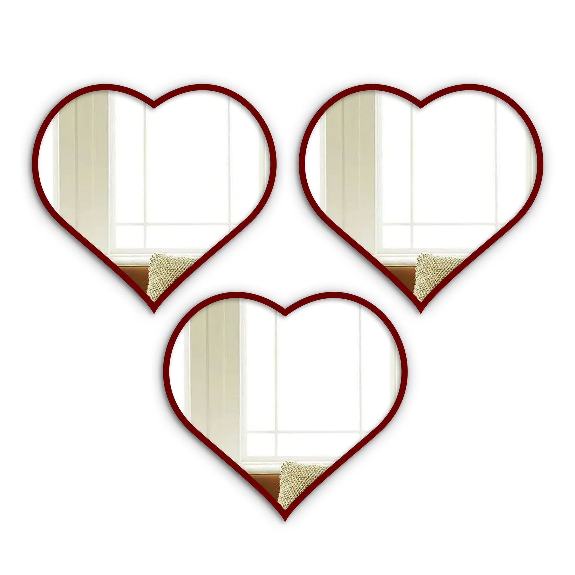 Beautiful Atractive Heart Shape Mirror with Red Finish Frame Set of 3