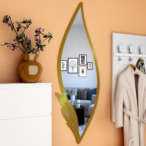 Slender Big Leafs Vanity Mirror with Metallic Golden Finish Frame