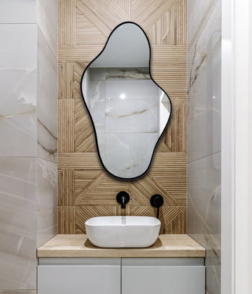 Asymmetrical Irregular Bathroom Decor Mirror with Black Wooden Finish