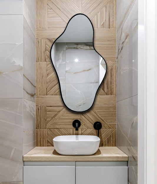 Asymmetrical Irregular Bathroom Decor Mirror with Black Wooden Finish