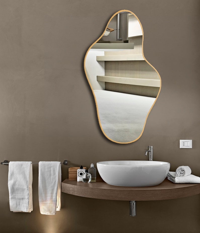 Asymmetrical Irregular Bathroom Decor Mirror with Golden Wooden Finish