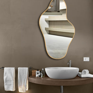 Asymmetrical Irregular Bathroom Decor Mirror with Golden Wooden Finish