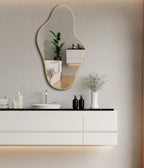 Asymmetrical Irregular Bathroom Decor Mirror with Golden Wooden Finish