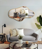 Asymmetrical Irregular Bathroom Decor Mirror with Golden Wooden Finish
