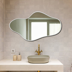 Asymmetrical Irregular Bathroom Decor Mirror with White Wooden Finish