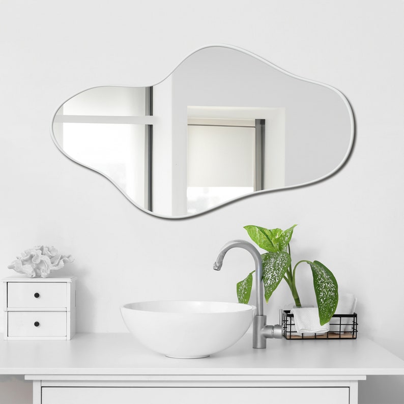 Asymmetrical Irregular Bathroom Decor Mirror with White Wooden Finish