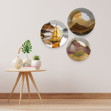 Premium Wall Plates Painting of Golden Mountains Set of 3