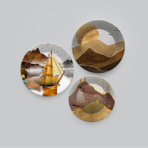 Premium Wall Plates Painting of Golden Mountains Set of 3