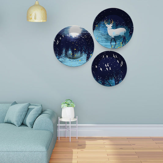 Beautiful Winter Season with Deer Scenery Wall Plates Set of 3