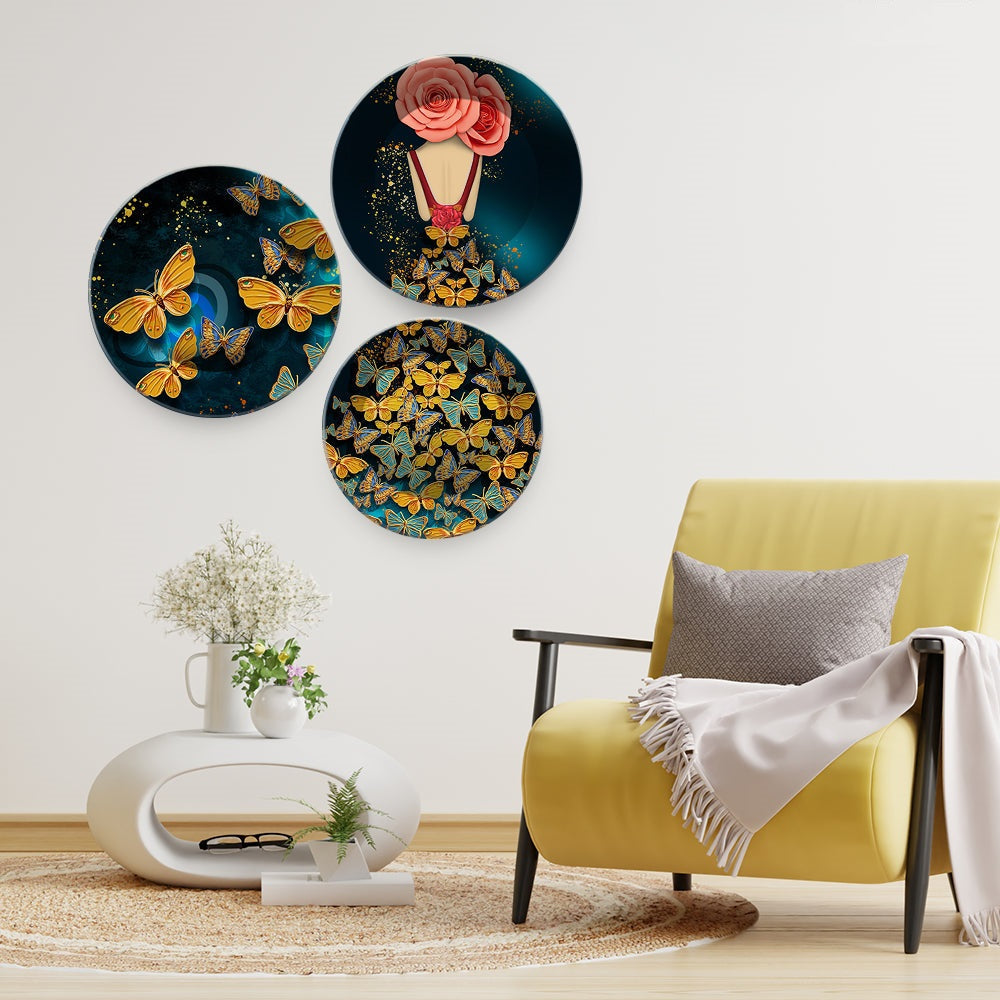 Abstract Girl with Golden Butterflies Premium Wall Plates Painting Set of Three