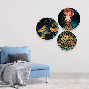 Abstract Girl with Golden Butterflies Premium Wall Plates Painting Set of Three