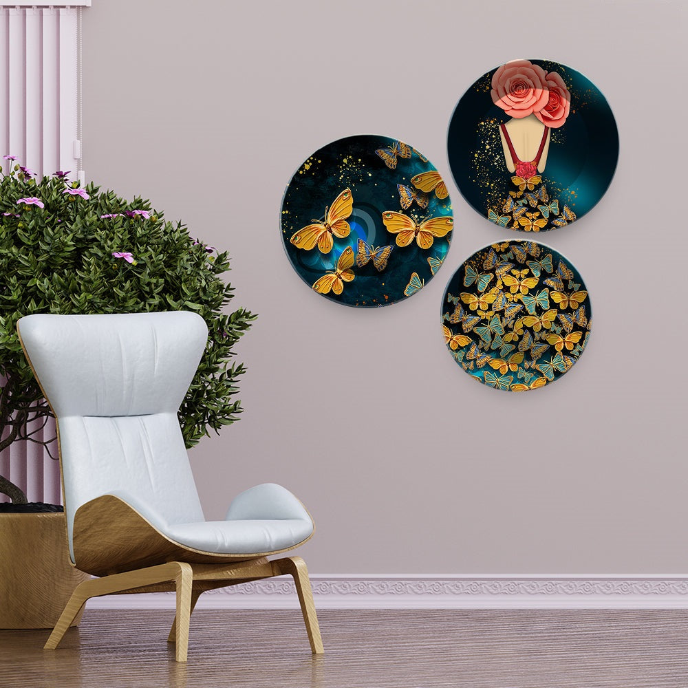 Abstract Girl with Golden Butterflies Premium Wall Plates Painting Set of Three