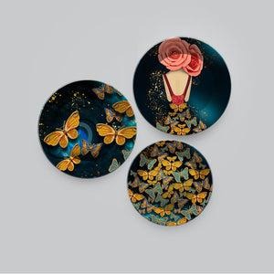 Abstract Girl with Golden Butterflies Premium Wall Plates Painting Set of Three