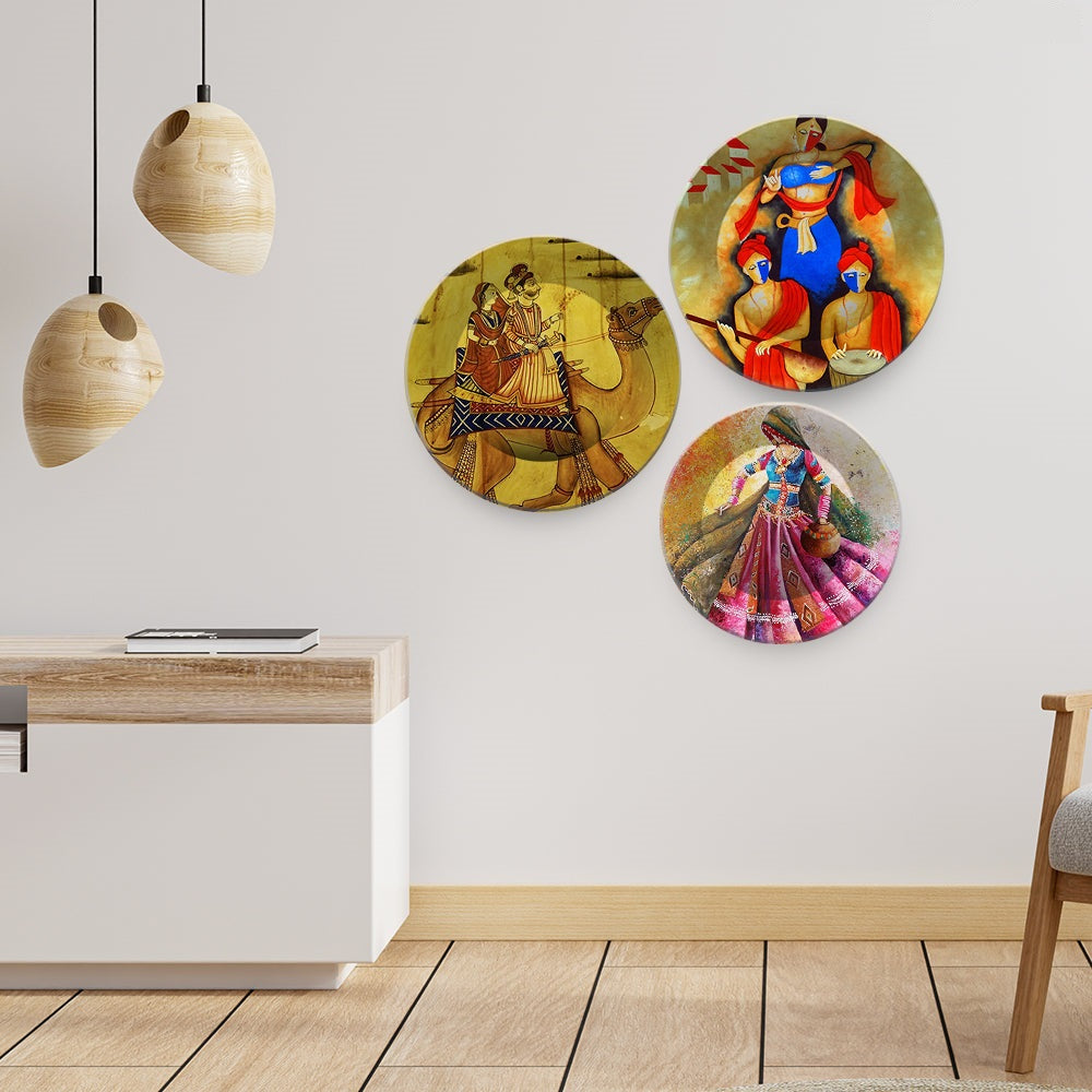 Traditional Rajasthani Culture Art Wall Plates Set of 3