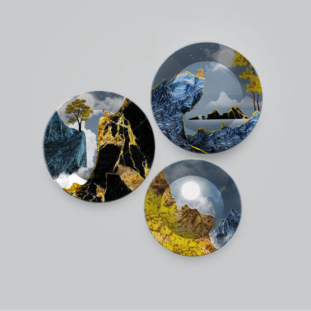 Golden Abstract Mountain Scenery Painting Wall Plates Set of 3