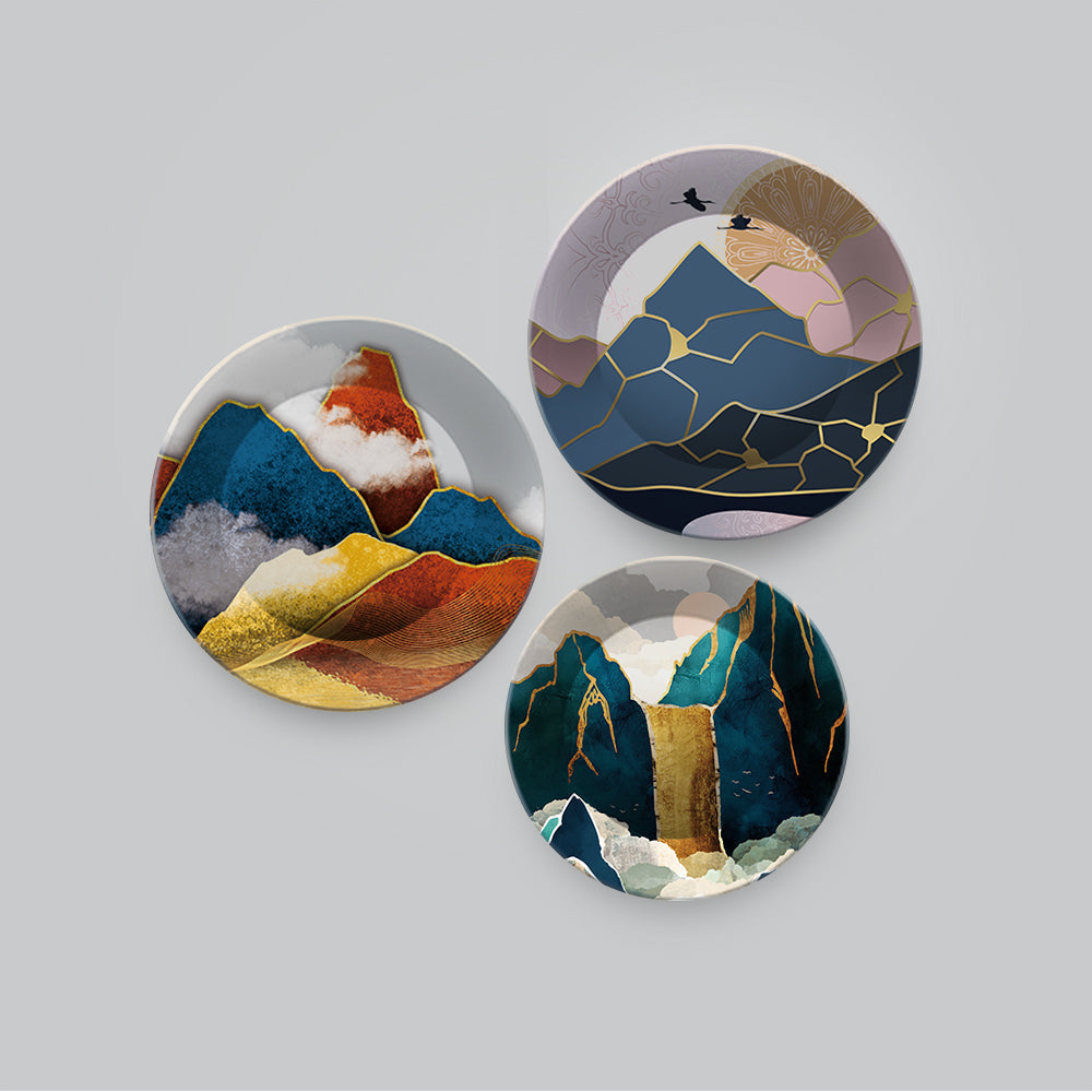 Golden Abstarct Mountains Wall Plates Set of 3