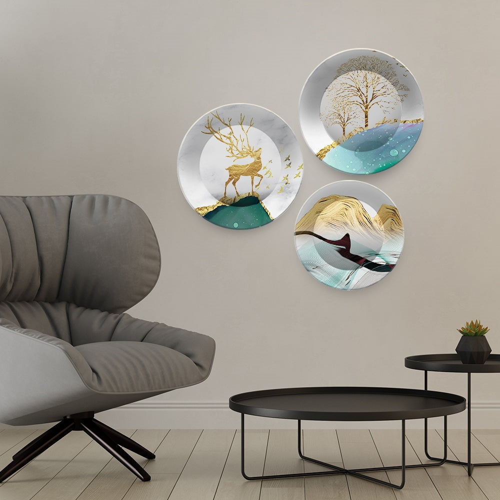 Premium Wall Plates Painting of Golden Deer Art Set of 3