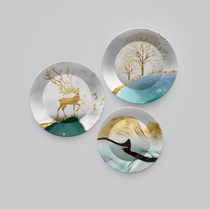 Premium Wall Plates Painting of Golden Deer Art Set of 3