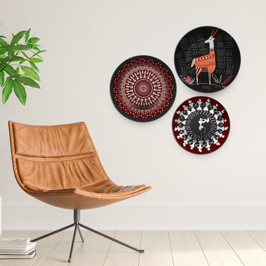 Decorative Wall Plates Painting 3 Pieces of Indian Warli Art