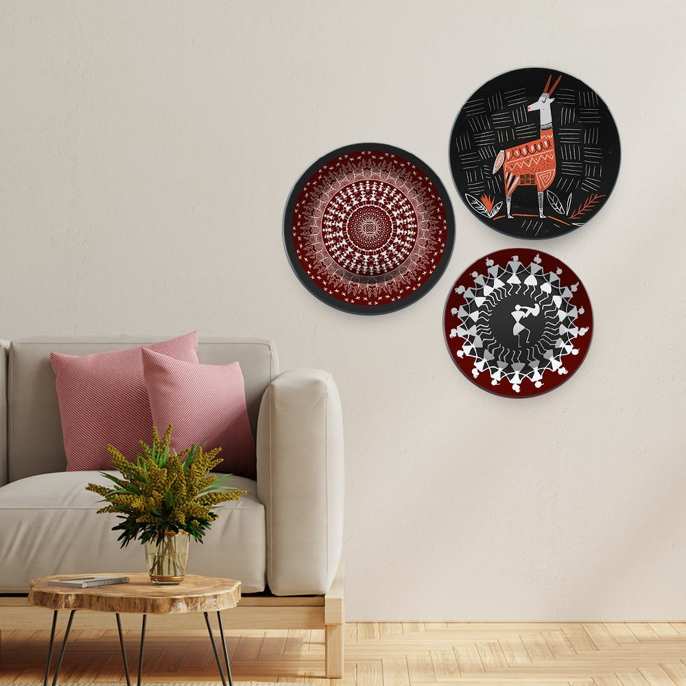 Decorative Wall Plates Painting 3 Pieces of Indian Warli Art