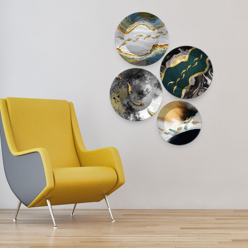 Modern Golden Fish Abstract Wall Plates Set of 4