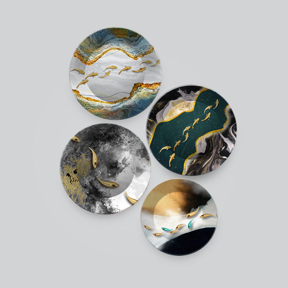 Modern Golden Fish Abstract Wall Plates Set of 4