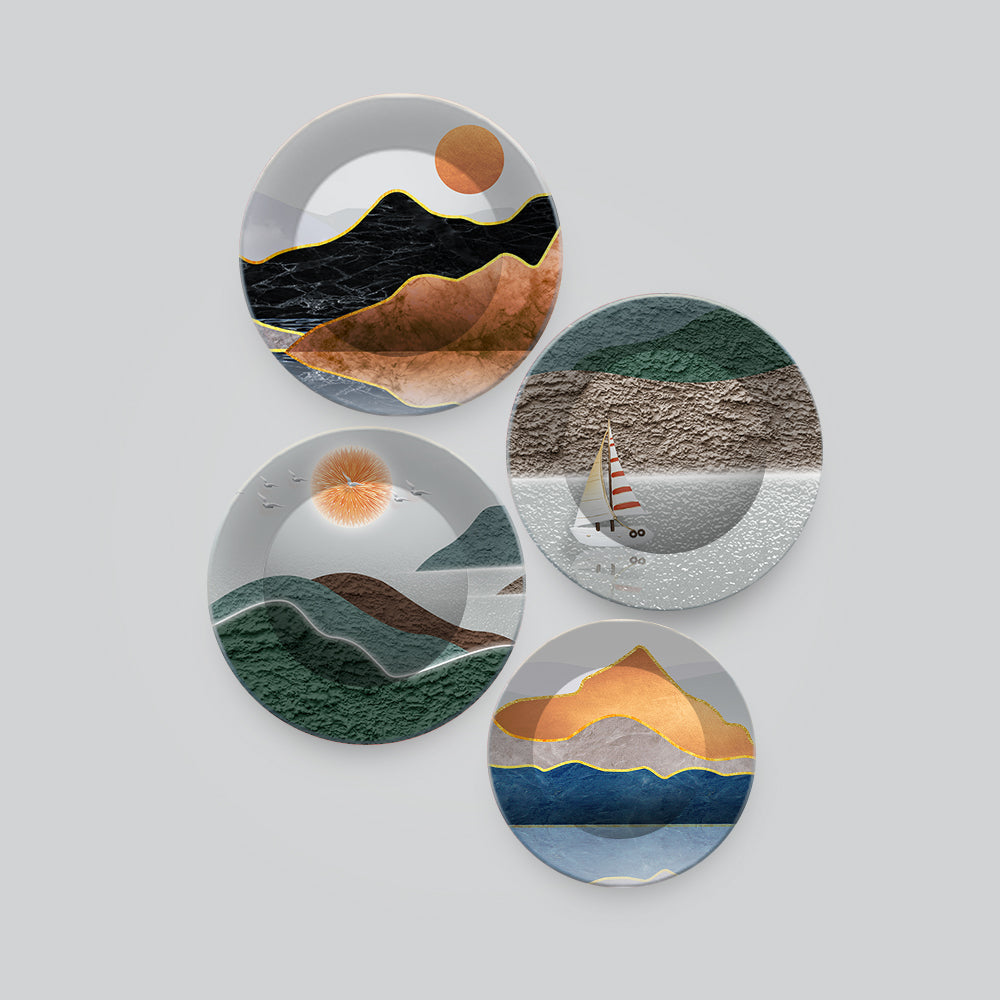 Mountain Landscape Scenery Painting Wall Plates Painting Set of Four