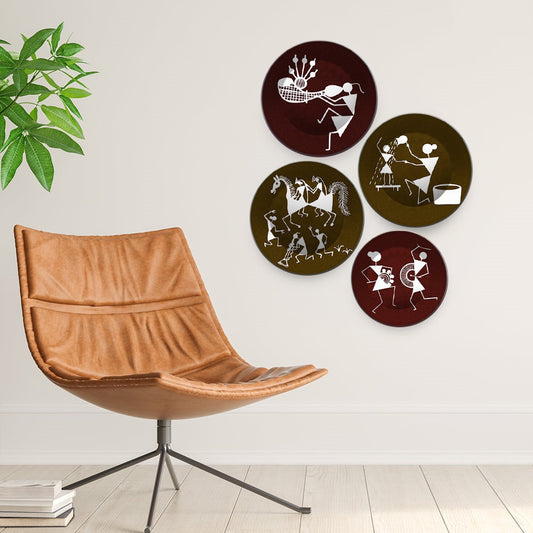 Decorative Wall Plates Painting 4 Pieces of Indian Warli Art