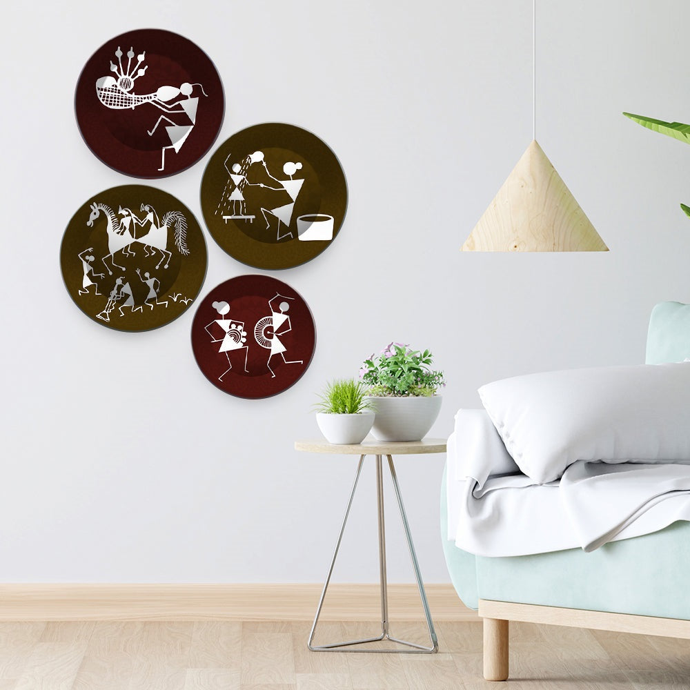 Decorative Wall Plates Painting 4 Pieces of Indian Warli Art