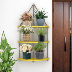 Wooden Wall Hanging Planter Shelf with Rope Three Layers(Yellow)