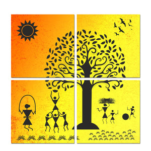 Warli Art Village Wall Hanging Painting, 4 Pieces