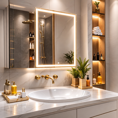 Warm Light Illuminated Vanity Cabinet Dual Mirror Doors