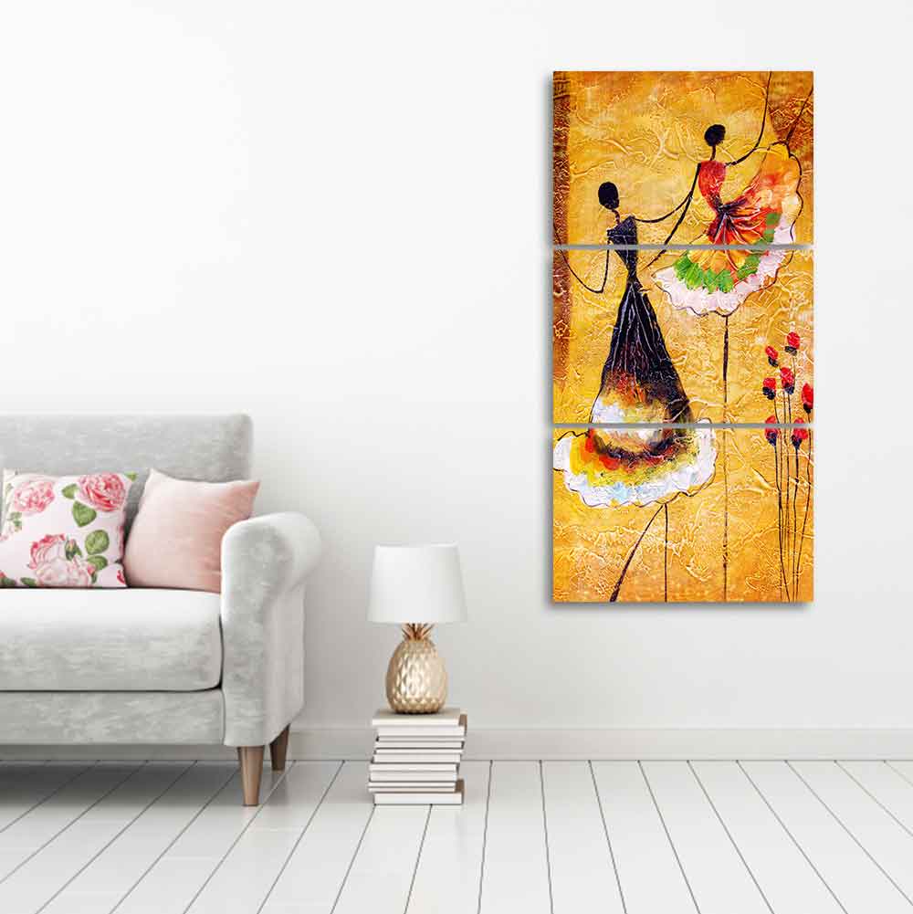 A Beautiful 3 Pieces Wall Painting of Dancing Beauties Warli Art