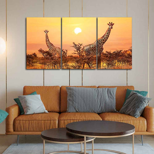 A Beautiful 3 Pieces Wall Painting of Giraffes Sunset in Background