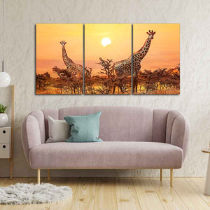 A Beautiful 3 Pieces Wall Painting of Giraffes Sunset in Background