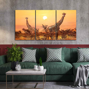 A Beautiful 3 Pieces Wall Painting of Giraffes Sunset in Background