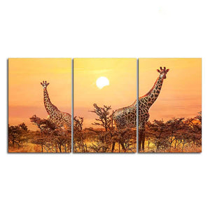 A Beautiful 3 Pieces Wall Painting of Giraffes Sunset in Background