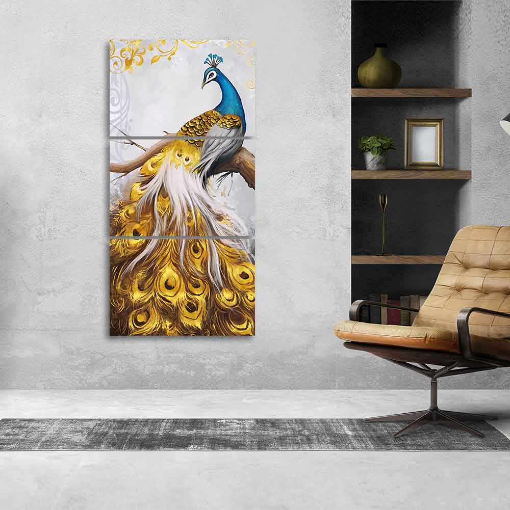 A Beautiful 3 Pieces Wall Painting of Golden Peacock