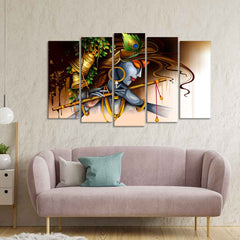 A Beautiful 5 Pieces Premium Wall Painting of Lord Krishna Playing Bansuri