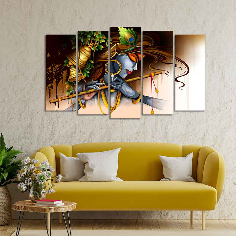 A Beautiful 5 Pieces Premium Wall Painting of Lord Krishna Playing Bansuri