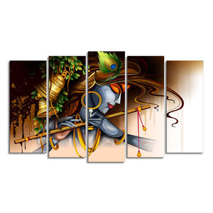 A Beautiful 5 Pieces Premium Wall Painting of Lord Krishna Playing Bansuri