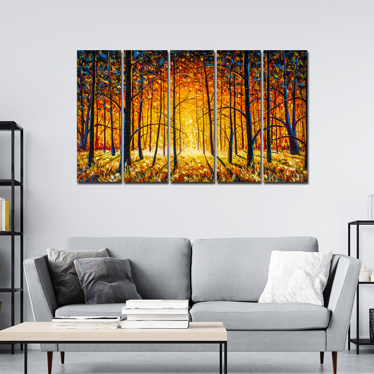 A Beautiful 5 Pieces Premium Wall Painting of Tree Forest in Sunset