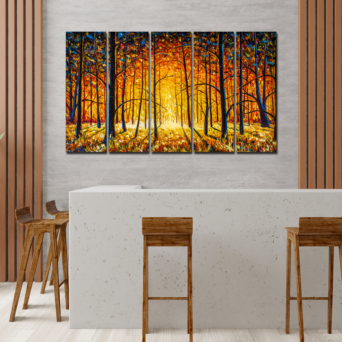 A Beautiful 5 Pieces Premium Wall Painting of Tree Forest in Sunset