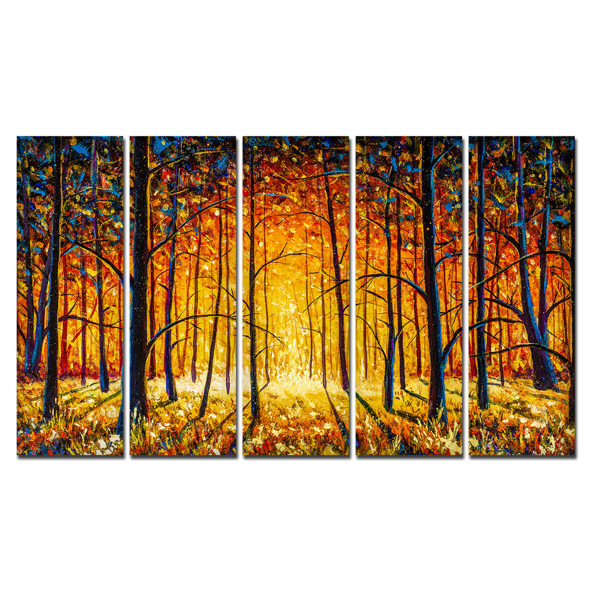 A Beautiful 5 Pieces Premium Wall Painting of Tree Forest in Sunset