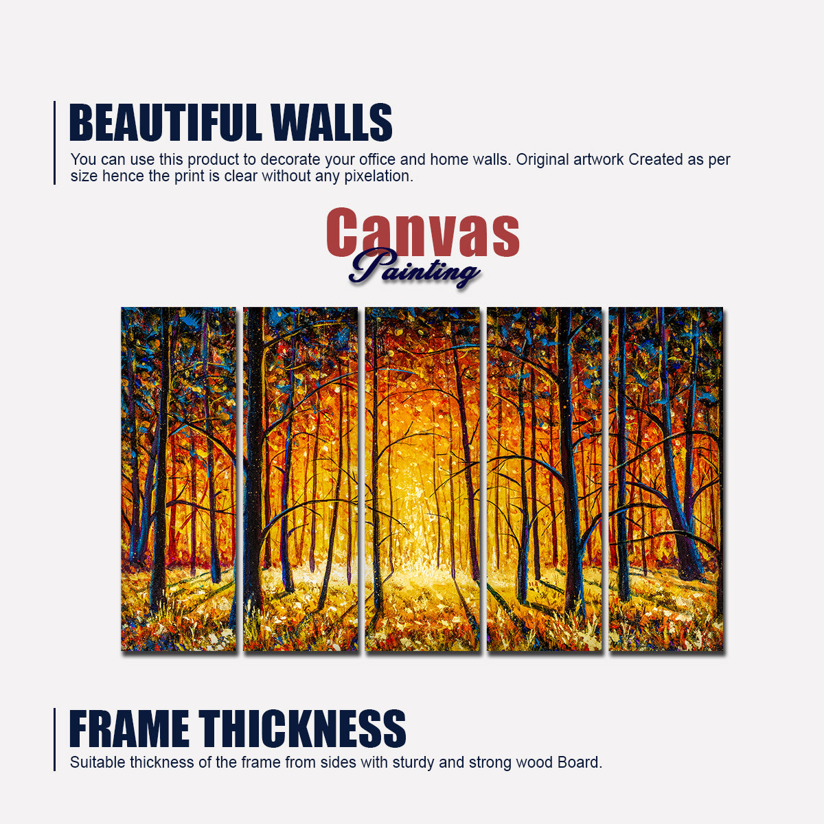 A Beautiful 5 Pieces Premium Wall Painting of Tree Forest in Sunset