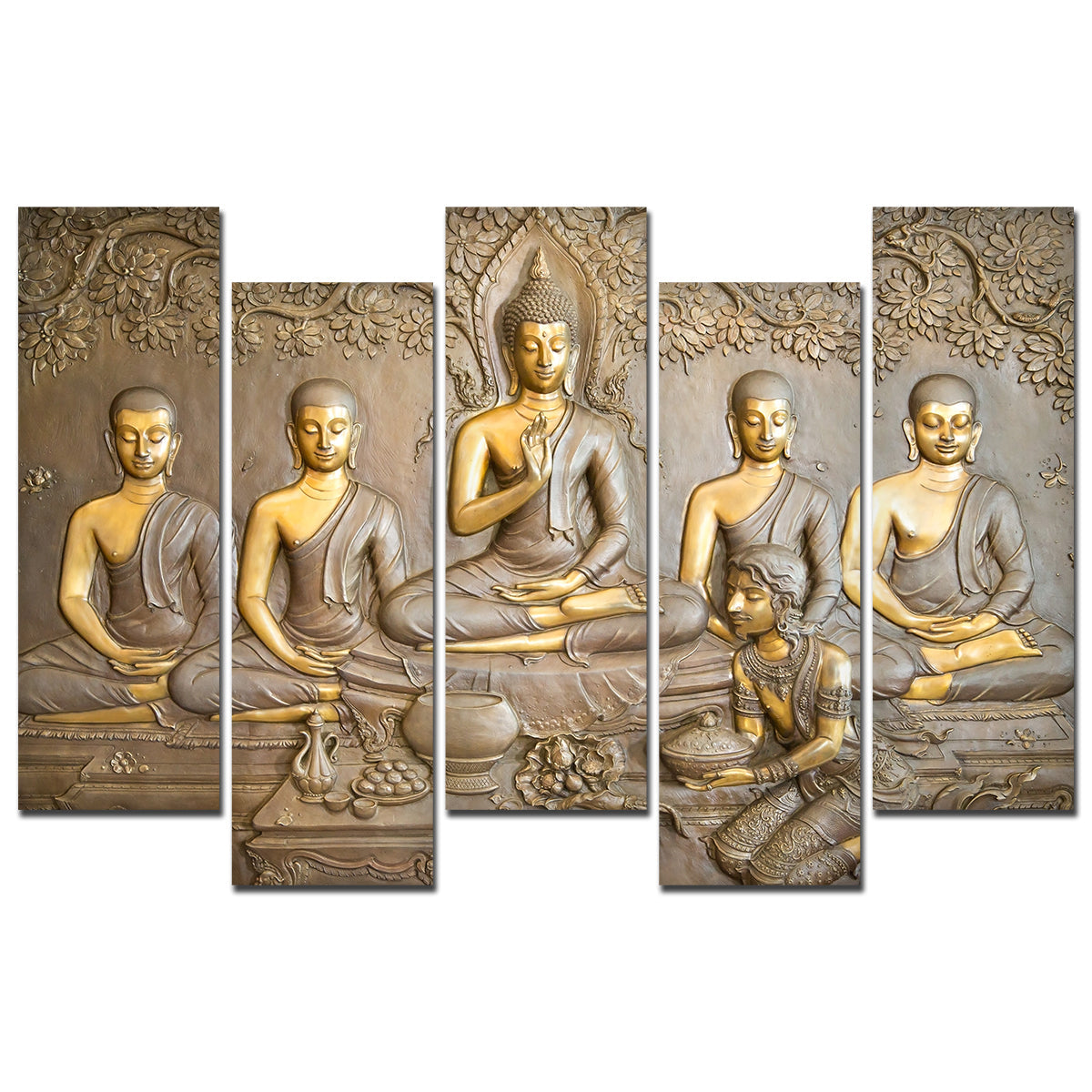 A Beautiful 5 Pieces Wall Painting of Lord Buddha in Temple