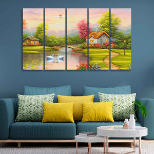 A Beautiful Scenery of Old Houses Canvas Wall Painting of Five Pieces