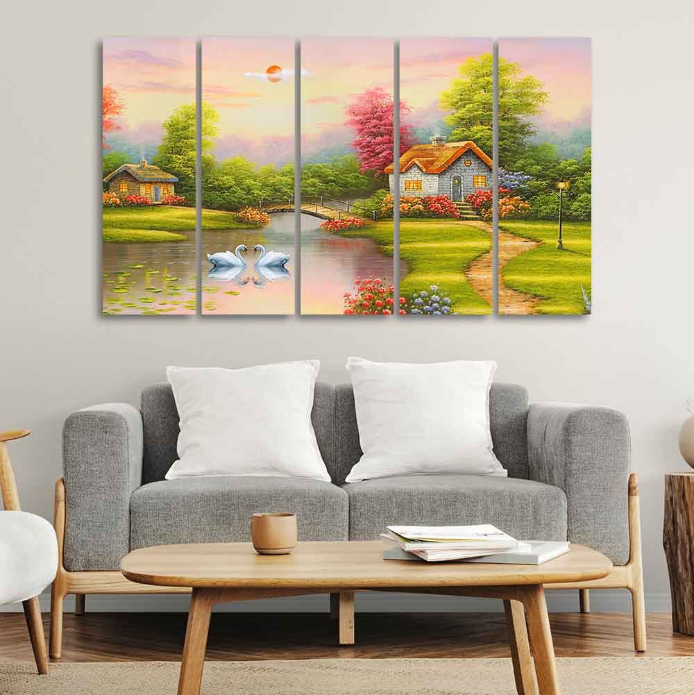 A Beautiful Scenery of Old Houses Canvas Wall Painting of Five Pieces