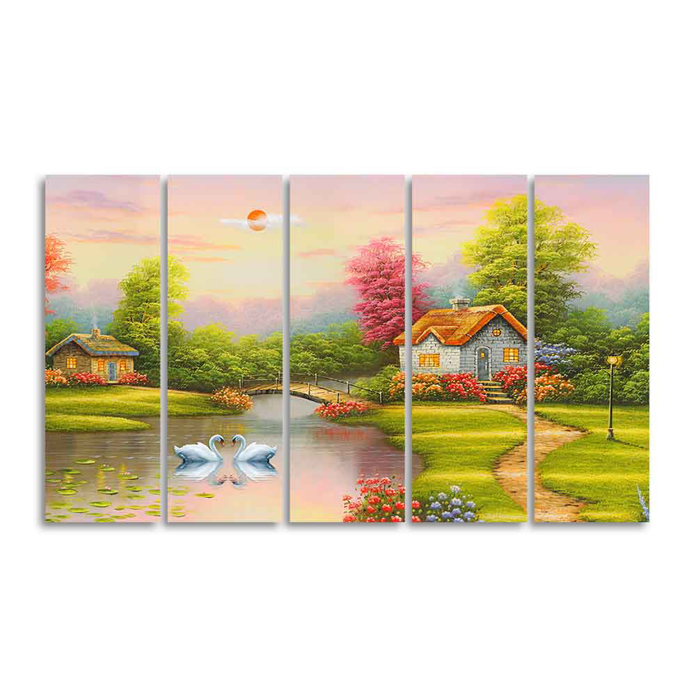 A Beautiful Scenery of Old Houses Canvas Wall Painting of Five Pieces