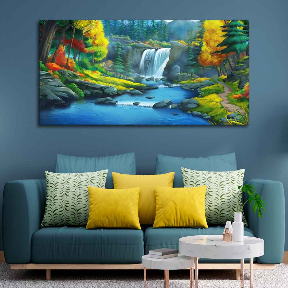 A Beautiful Scenery of Waterfall In Forest Canvas Wall Painting